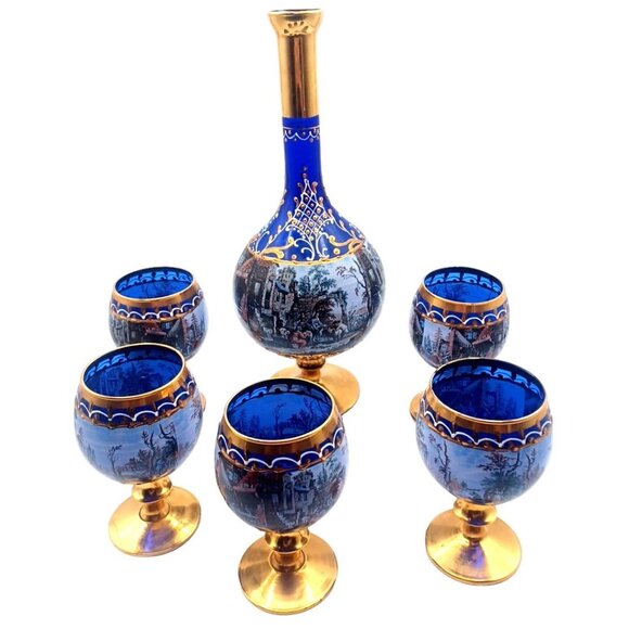 Murano Cobalt Blue Gold Pedestal Italian Victorian Scenes Decanter Wine Glasses - Picture 2 of 15